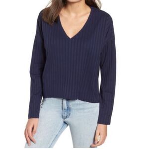 BP | NORDSTROM Navy Blue Ribbed V-Neck Long Sleeve Top Women’s Size Small